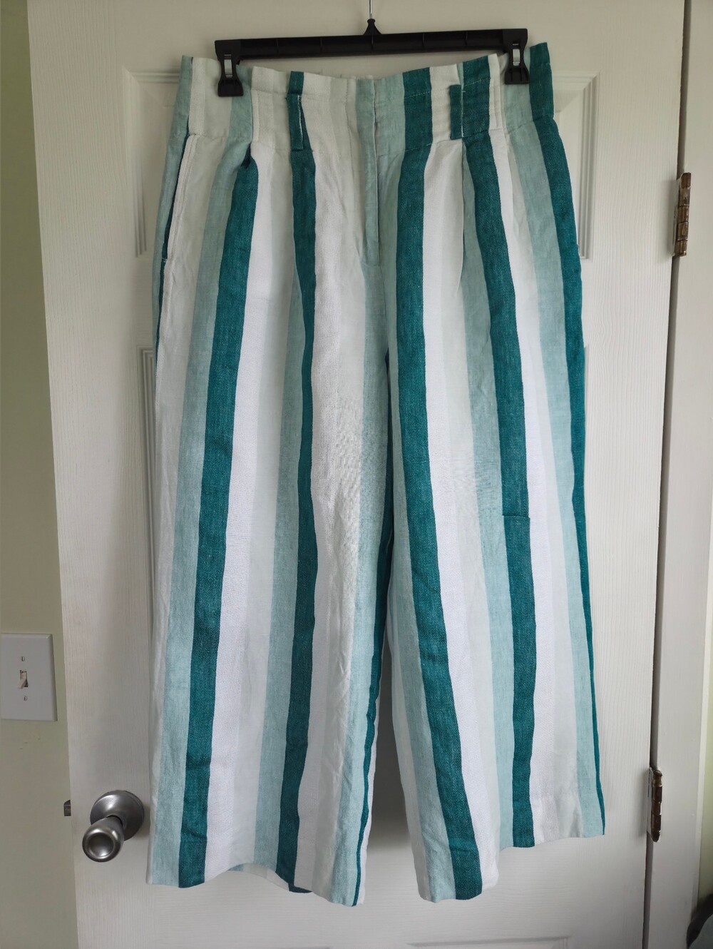 J.Crew ✨️ Women's High-Waist Wide Leg Linen Pants - Teal & White Stripes Size 10